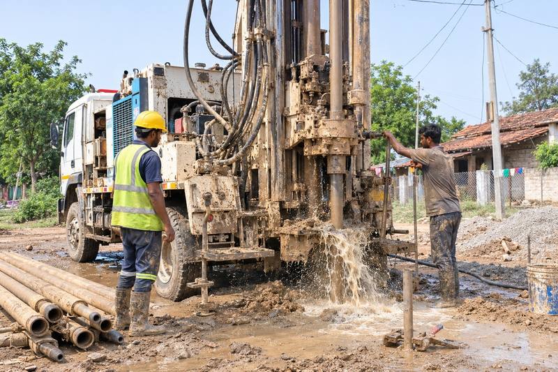 Rig striking water mid-drill on site