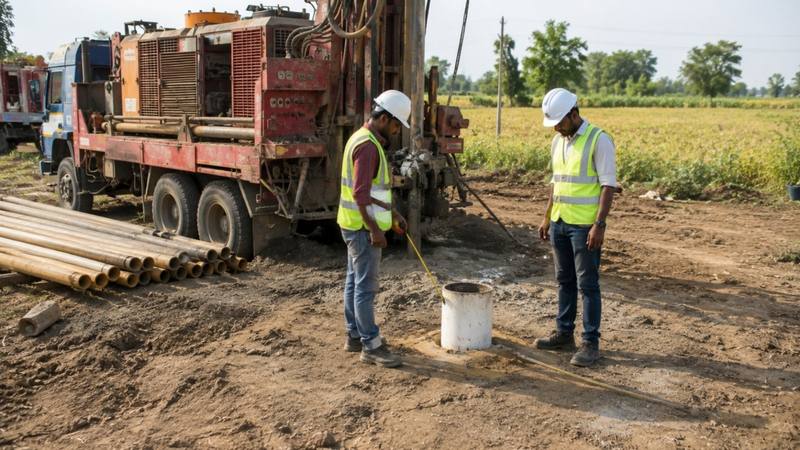 Crew measuring a completed borehole