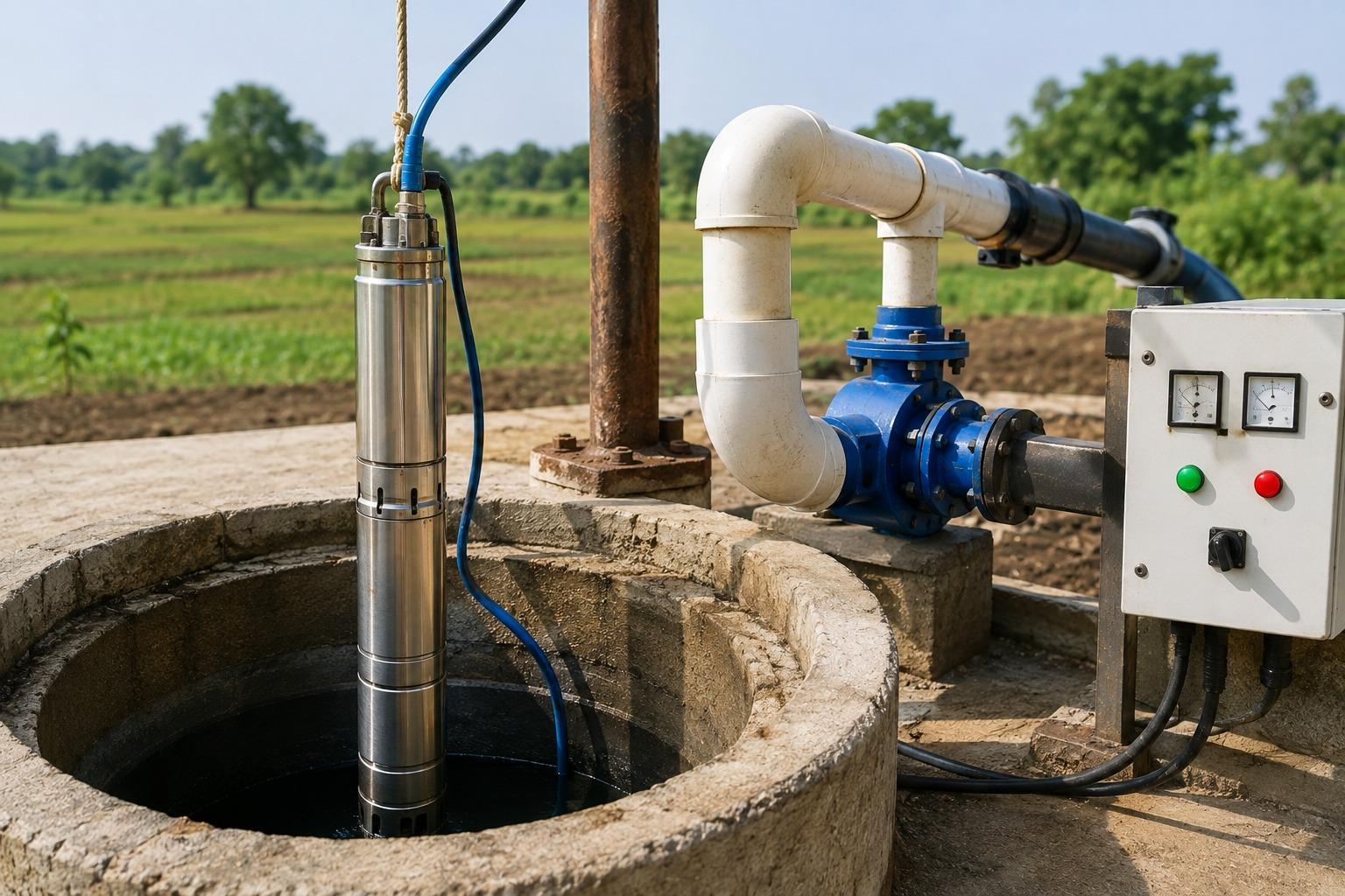 Submersible pump and control panel installed at a borehole