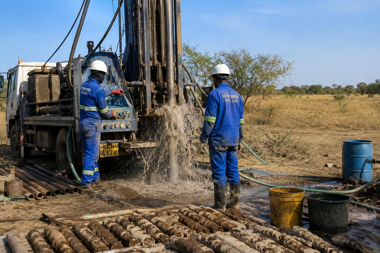 Drilling rig striking water on site