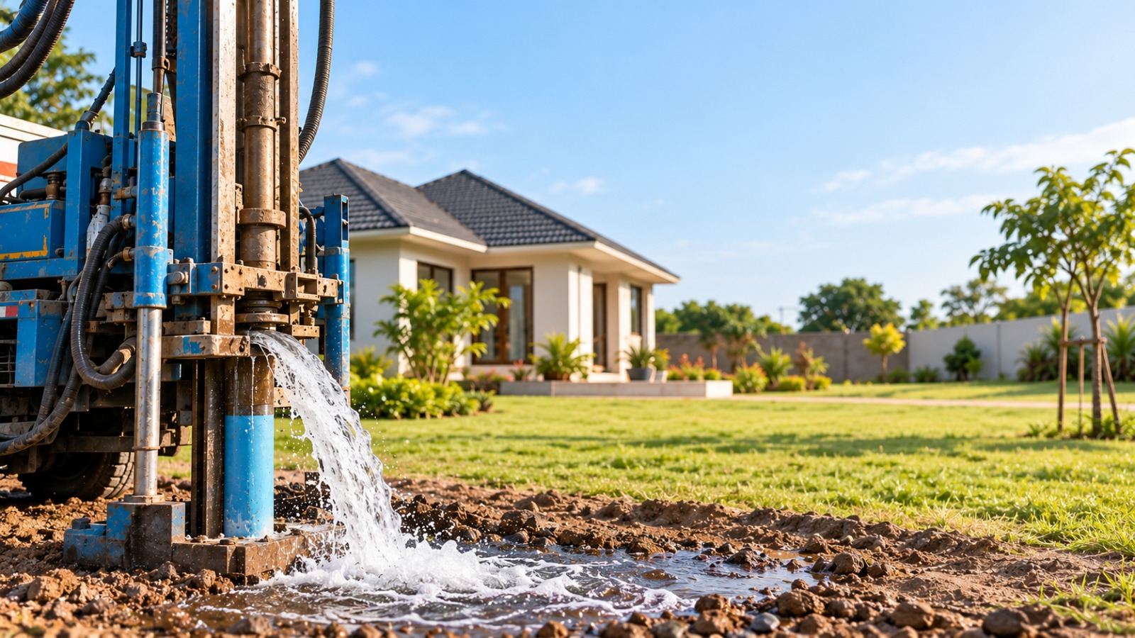 Drilling rig extracting water at a residential property borehole site