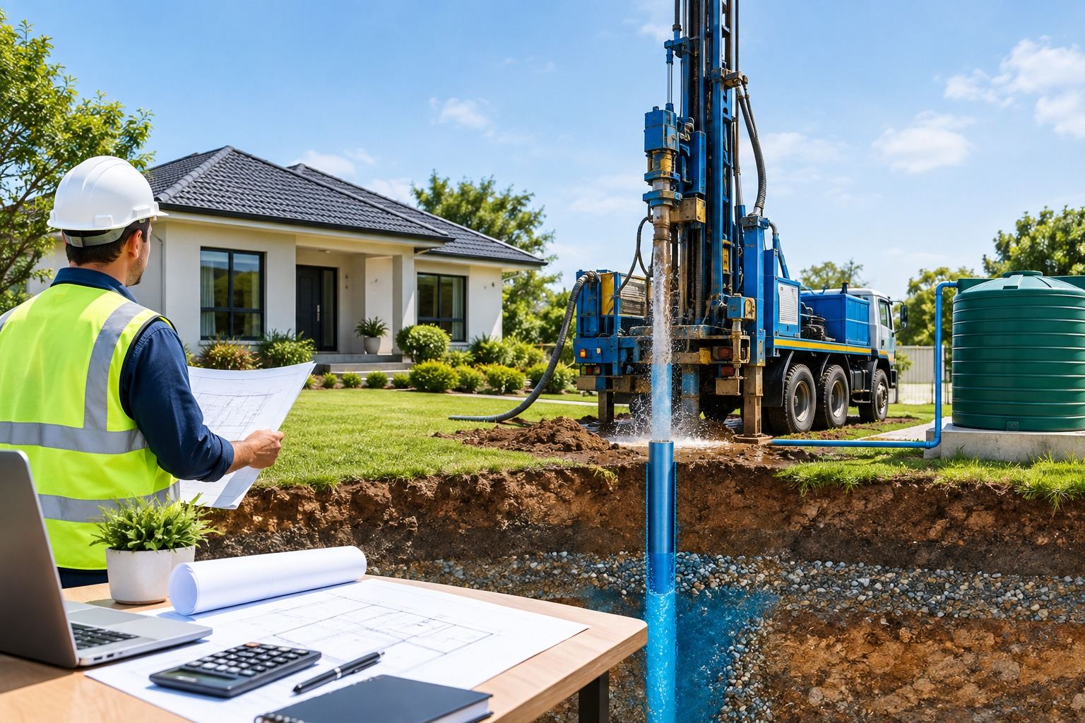 Engineer reviewing plans beside a borehole pump installation with tank and drilling rig